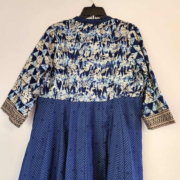 BIBA Kurta Tunic Maxi Dress Women Sz 38 Blue Gold Floral Print V Neck Lined - Picture 12 of 13